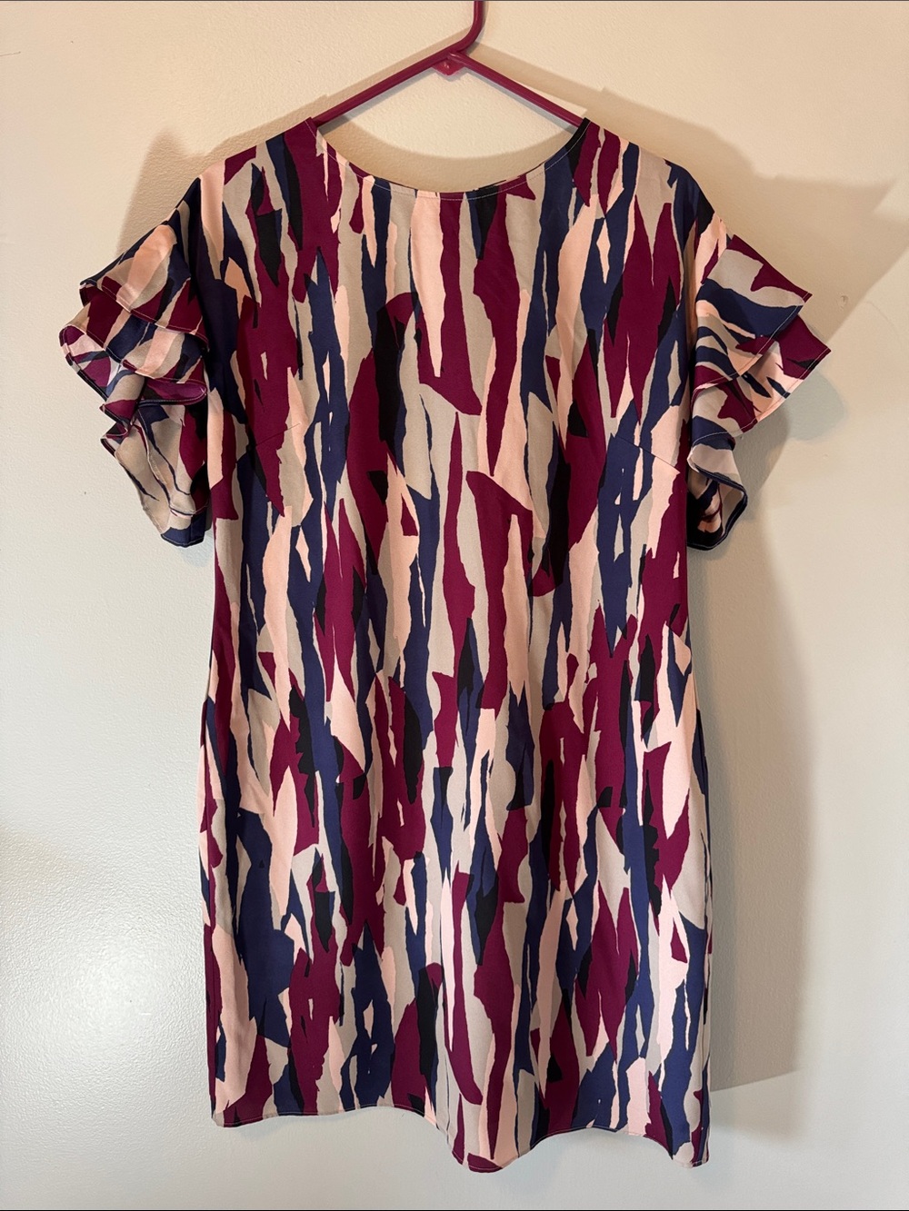 Madison Pink, Burgundy & Navy Abstract Ruffle Sleeve Shift Dress